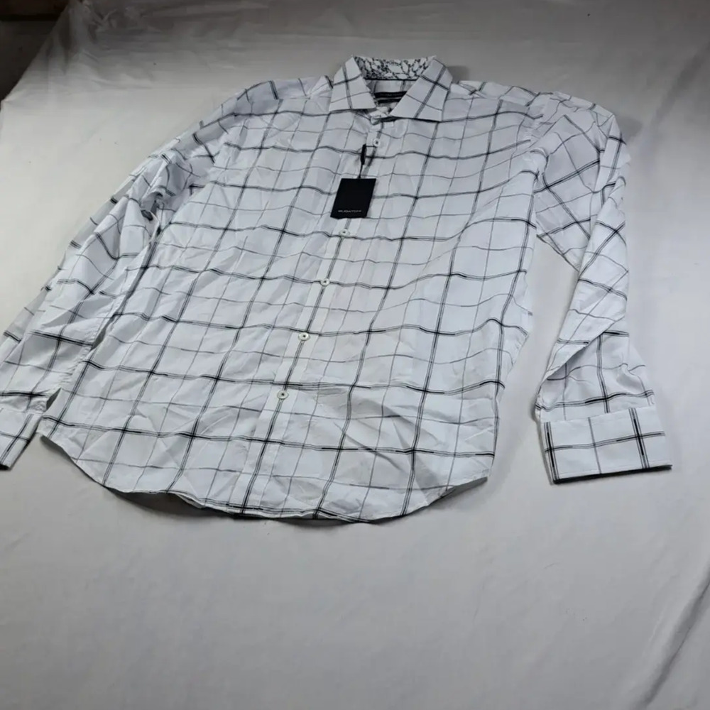 Bugatchi Mens Shaped Fit Button Down Shirt Large White Black Windowpane Plaid